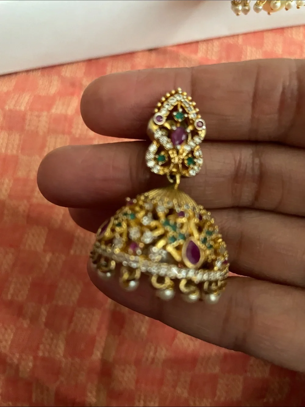 Gold Jhumka Earrings with Purple and Green Stones